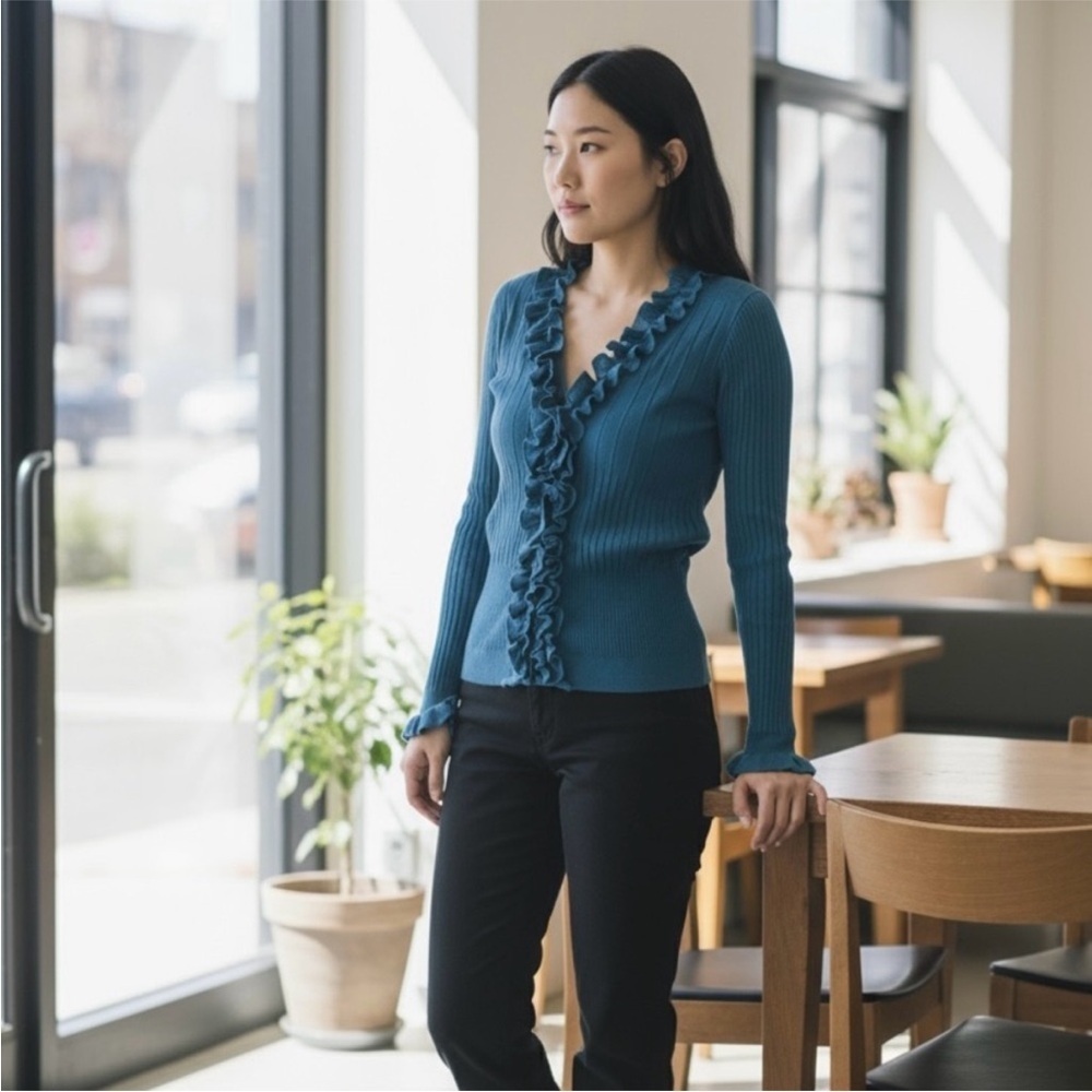 Anne Fontaine Cream Wool Ruffle Ribbed Blouse | 42 - Picture 6 of 6